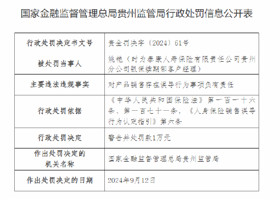 泰康人壽貴州分公司被罰42萬元：因未如實記錄保險業(yè)務事項等違法違規(guī)行為