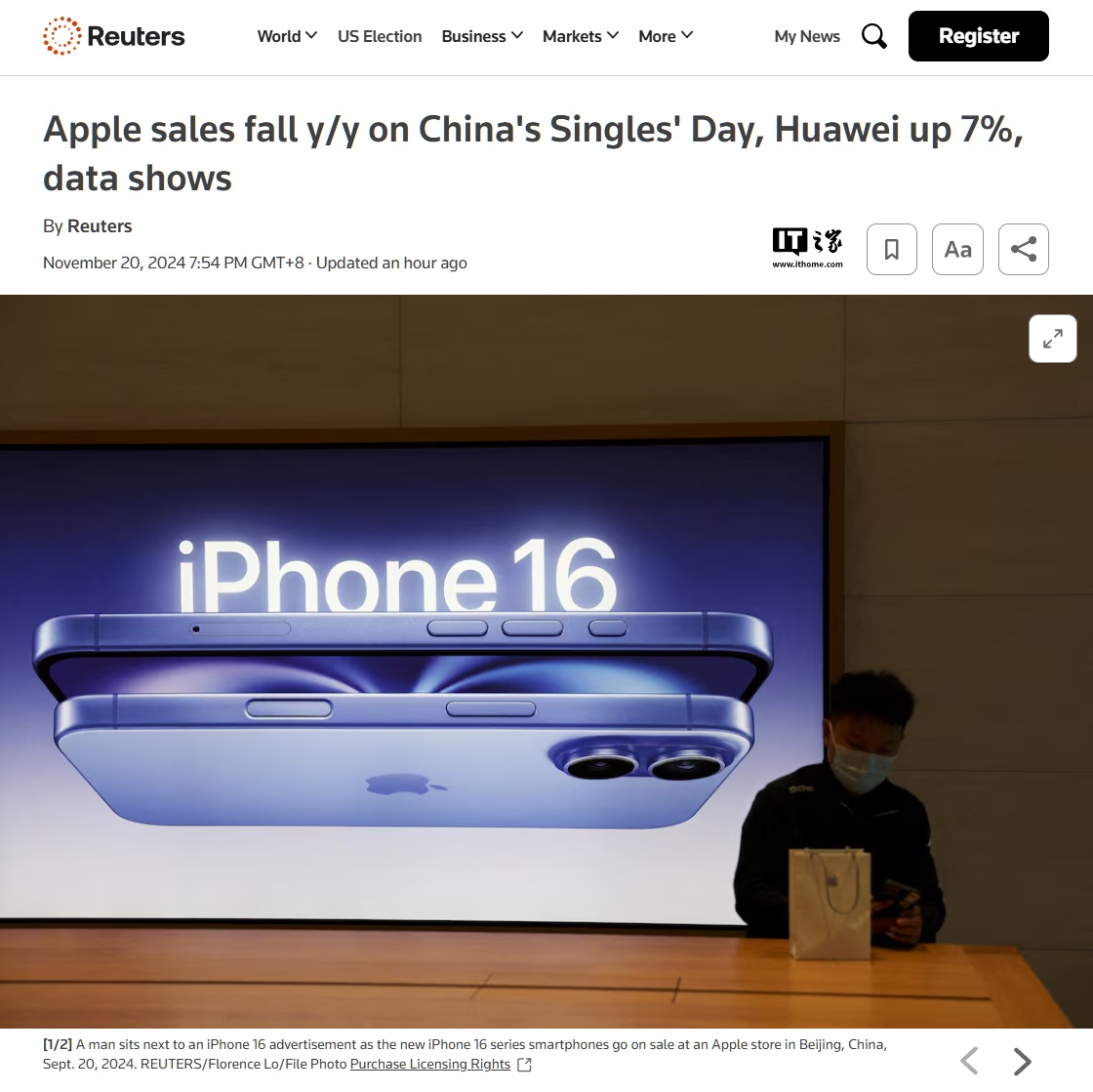 Counterpoint：蘋果 iPhone 雙十一期間在華銷量同比下滑兩位數(shù)百分比