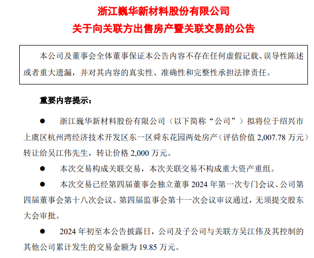 上市公司要將6000余平方米房產(chǎn)轉讓給董事長，作價2000萬元