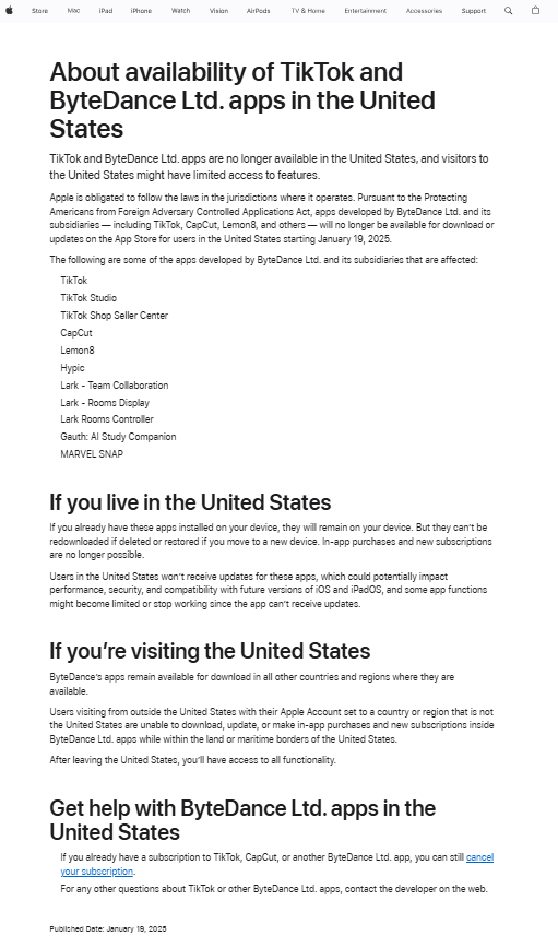 蘋果公司：TikTok及字節(jié)跳動旗下應(yīng)用在美國已不可用