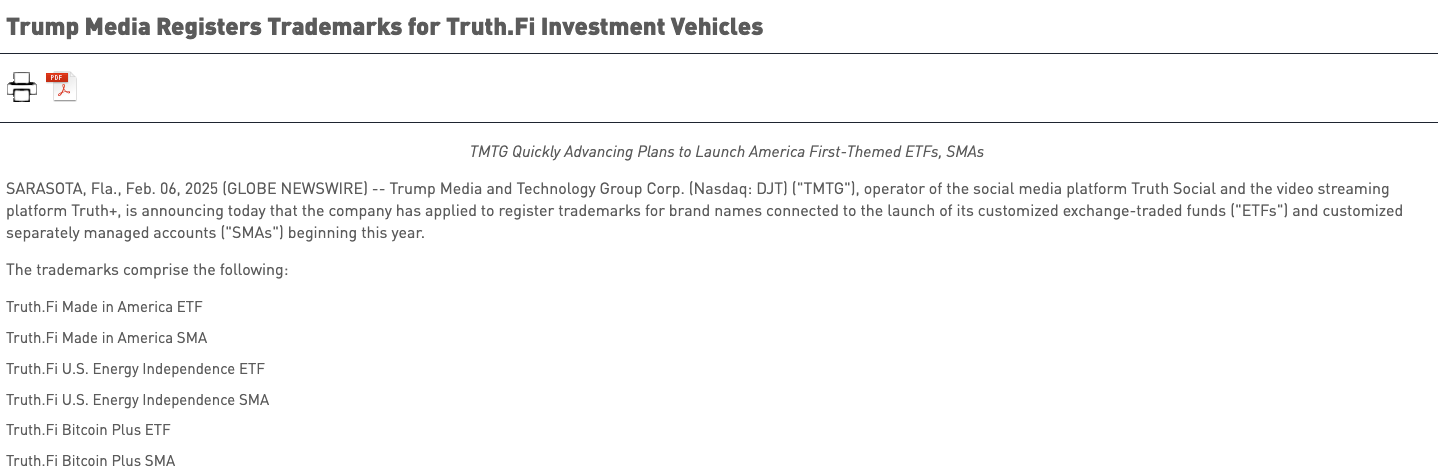 特朗普媒體科技宣布注冊(cè)金融產(chǎn)品商標(biāo) 推動(dòng)主題ETF發(fā)行