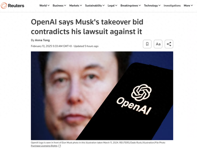 OpenAI質(zhì)疑馬斯克收購要約與訴訟主張矛盾