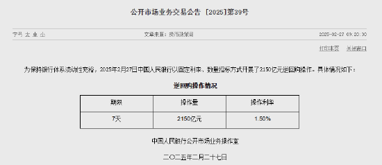 央行今日開展2150億元7天期逆回購操作