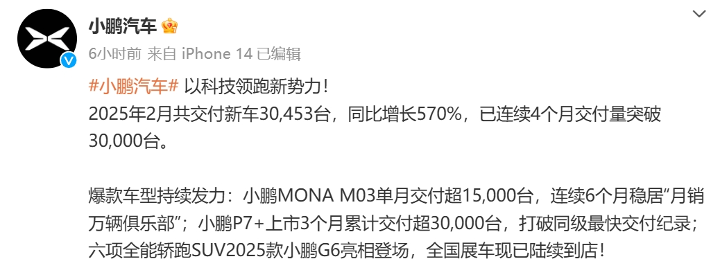 “蔚小理”2月成績單出爐：蔚來同比增長62.2%，樂道交付4049臺(tái)，小鵬再破3萬臺(tái)！小米、零跑也公布了