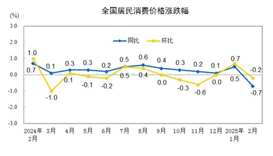 國(guó)家統(tǒng)計(jì)局：2025年2月份居民消費(fèi)價(jià)格同比下降0.7%