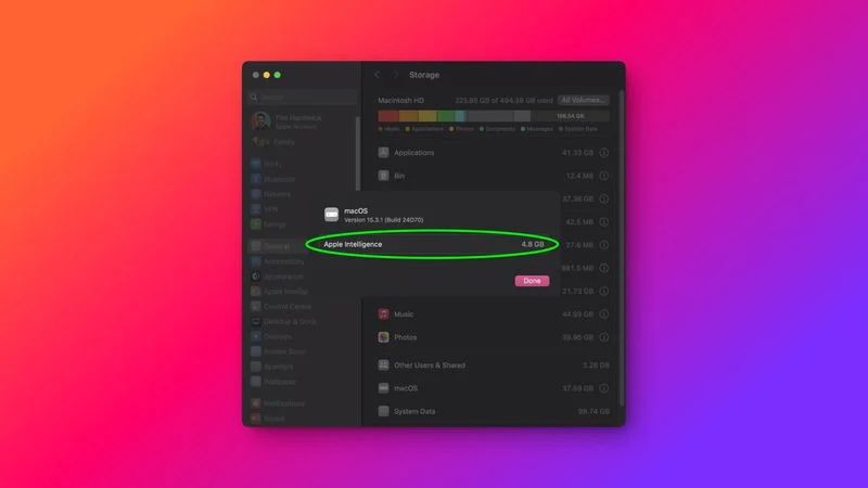 macOS 15.4 Beta 2 隱藏 Apple 智能存儲信息，蘋果稱最多占用 7GB